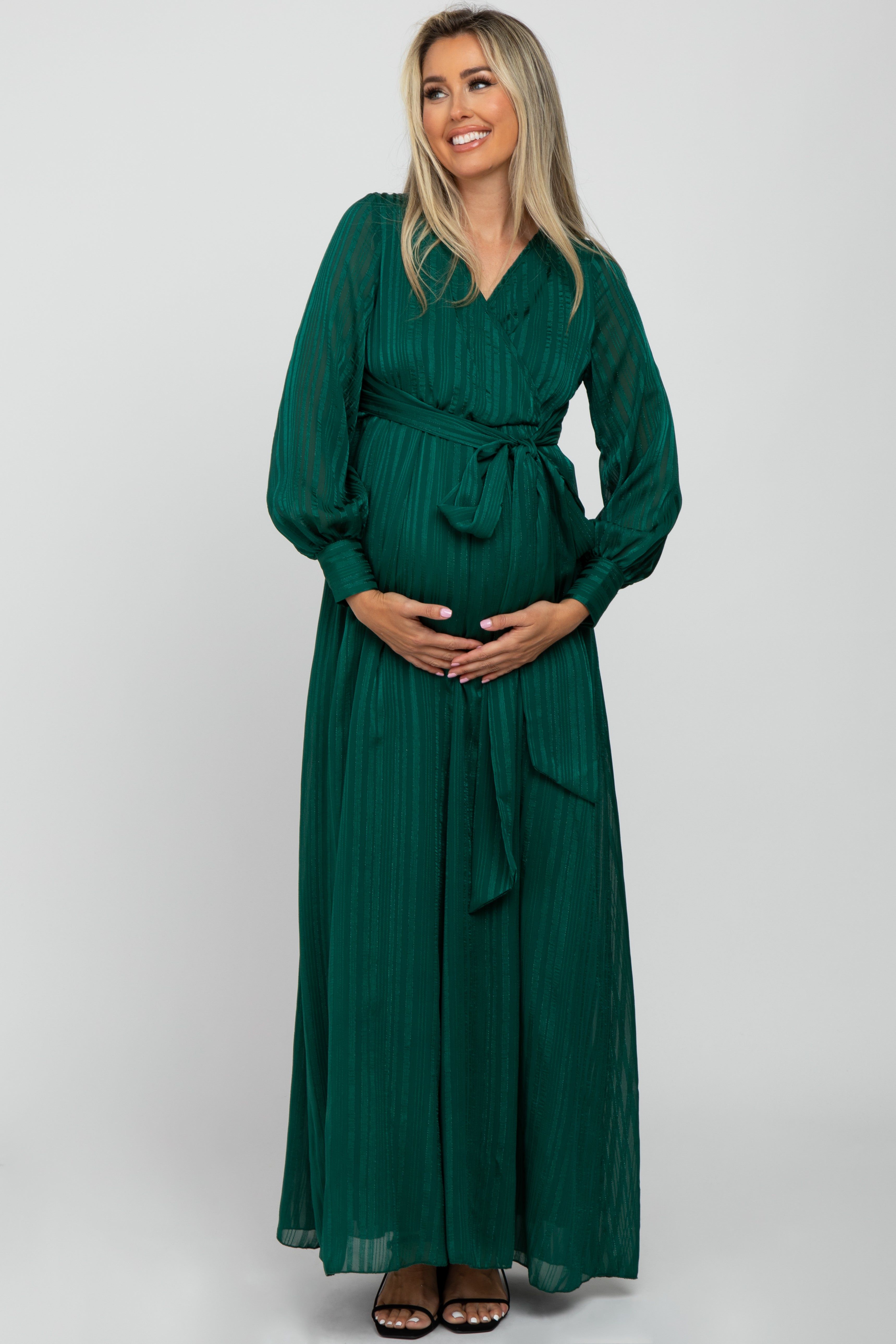 Forest Green Metallic Striped Chiffon Maternity Maxi Dress sold by Pinkblush