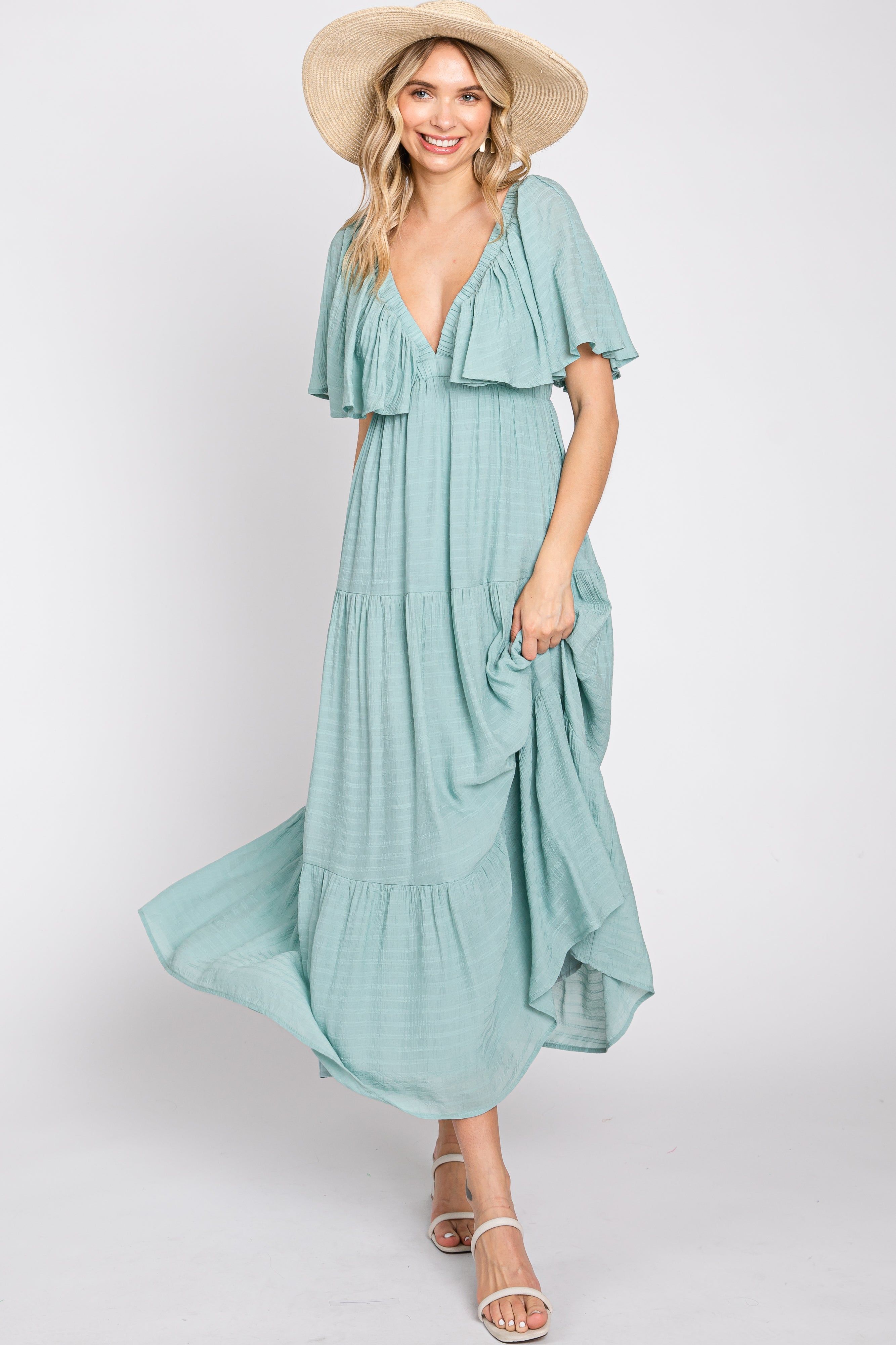 Mint Green Textured Stripe Deep V-Neck Layered Sleeve Maxi Dress sold by Pinkblush