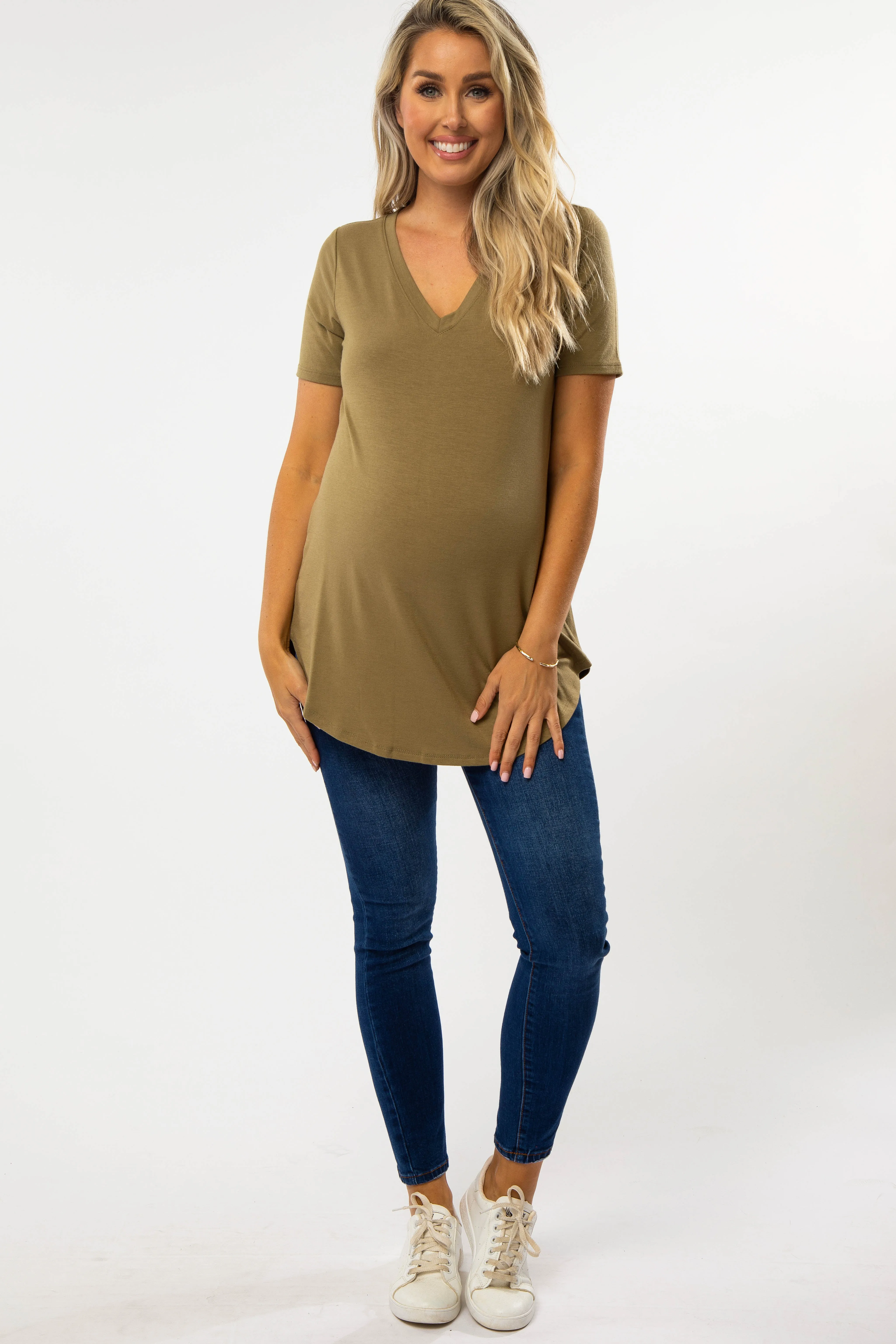 Light Olive V-Neck Maternity Short Sleeve Round Hem Top sold by Pinkblush product image thumbnail 4