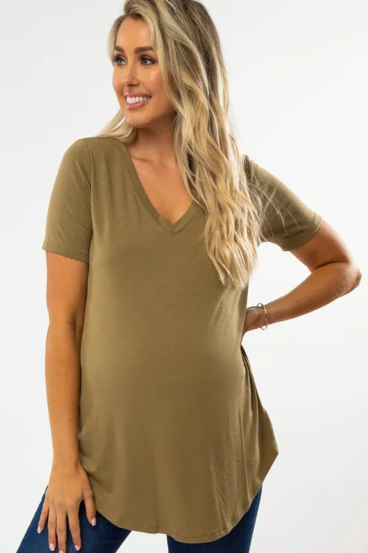 Light Olive V-Neck Maternity Short Sleeve Round Hem Top sold by Pinkblush