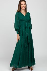 Forest Green Metallic Striped Chiffon Maternity Maxi Dress sold by Pinkblush