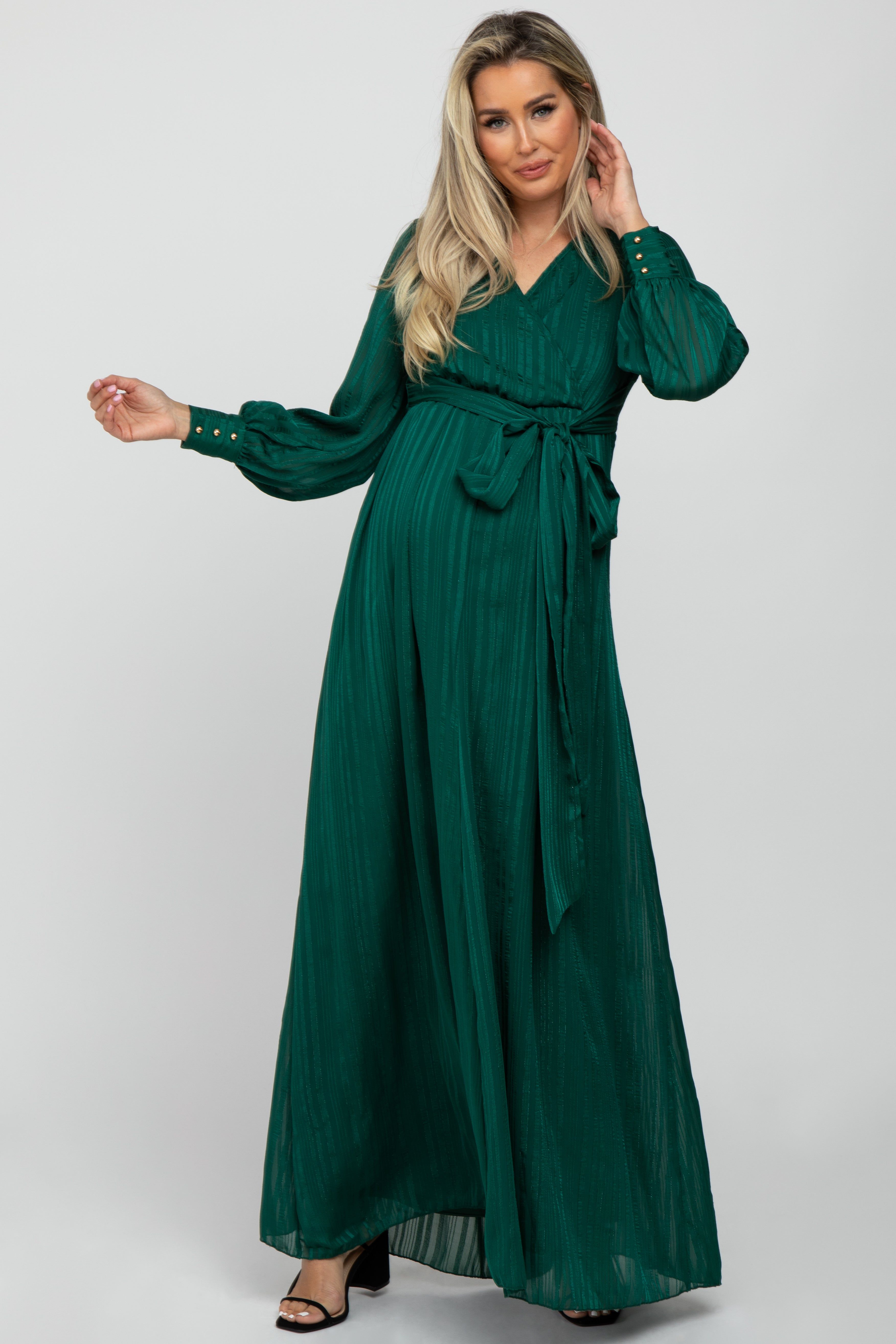 Forest Green Metallic Striped Chiffon Maternity Maxi Dress sold by Pinkblush product image thumbnail 2