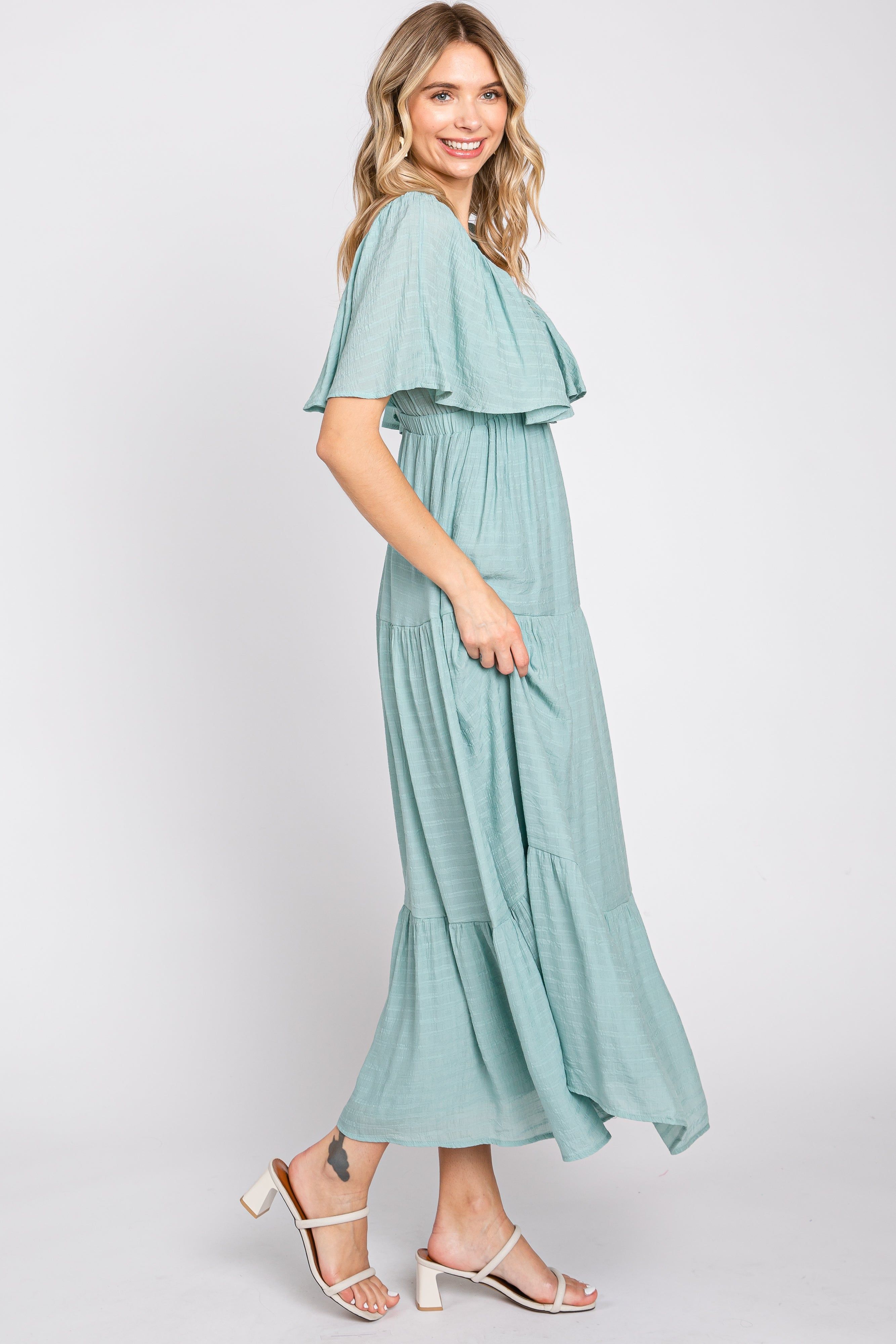 Mint Green Textured Stripe Deep V-Neck Layered Sleeve Maxi Dress sold by Pinkblush product image thumbnail 2