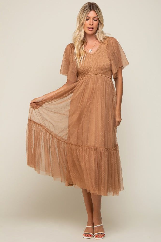 Mocha Dotted Tulle Smocked Midi Dress sold by Pinkblush product image thumbnail 4