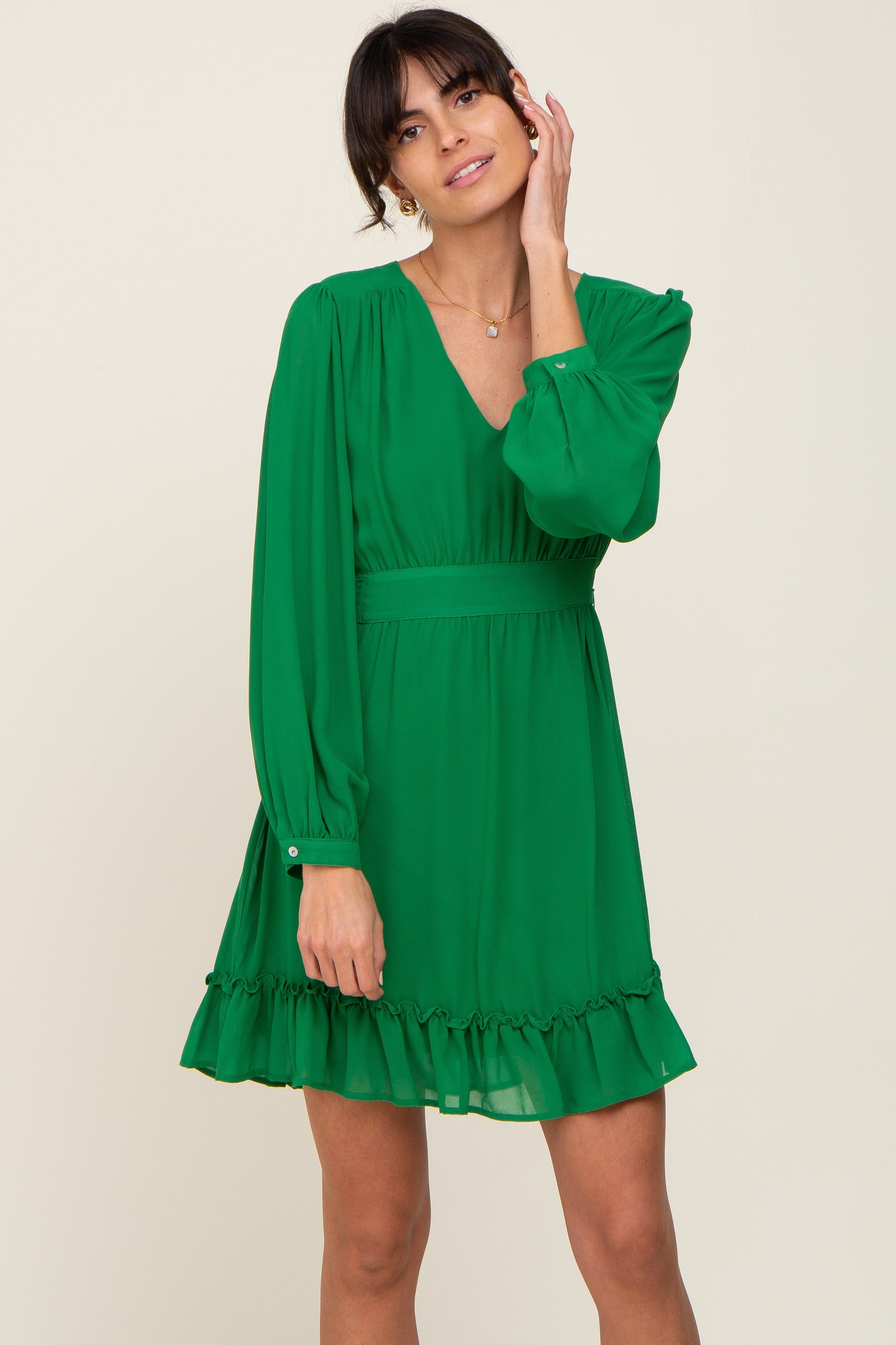 Green Chiffon Ruffle Accent Mini Dress sold by Pinkblush