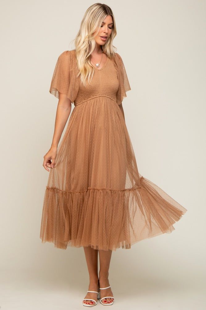 Mocha Dotted Tulle Smocked Midi Dress sold by Pinkblush product image thumbnail 5