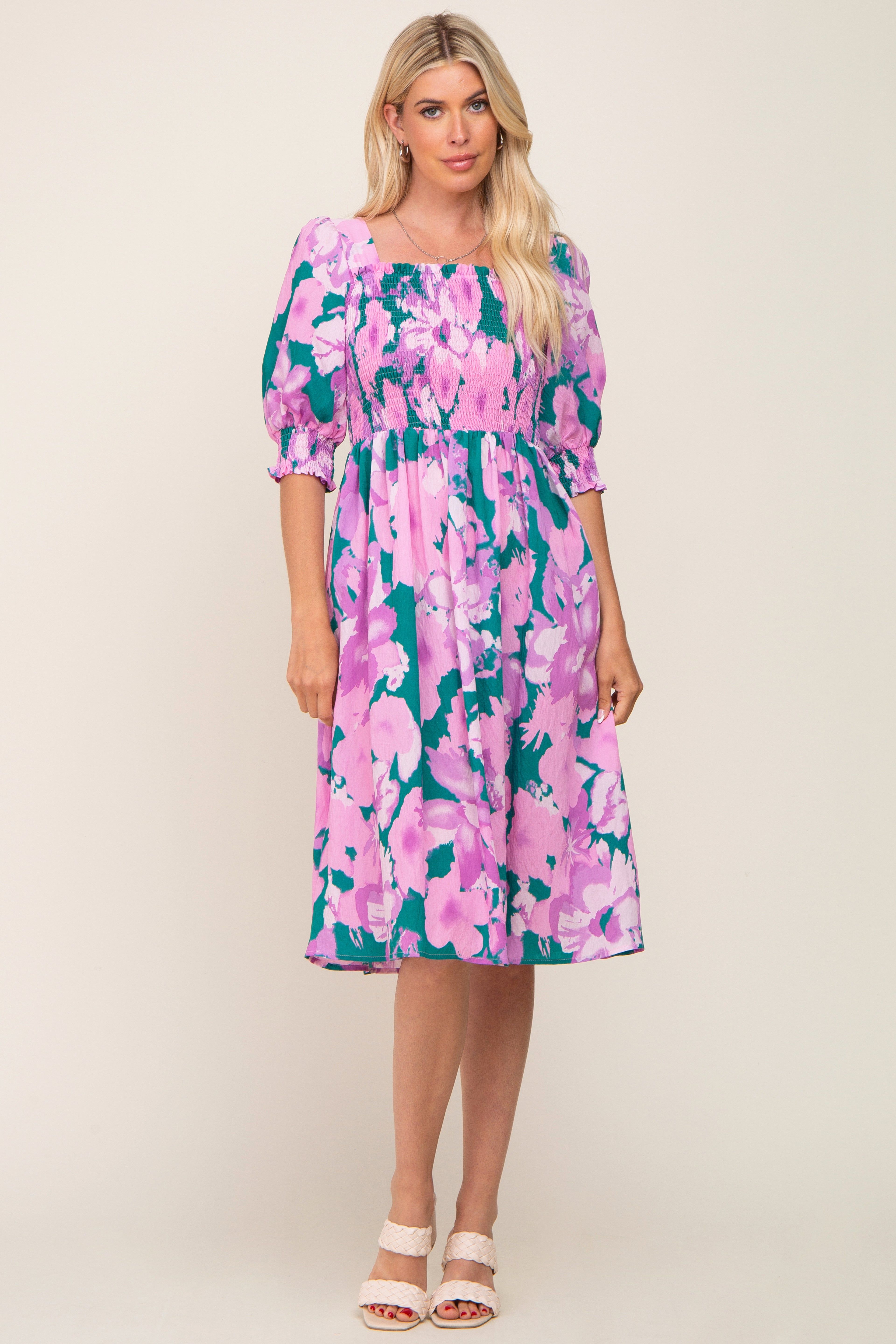 Lavender Floral Square Neck Smocked Midi Dress sold by Pinkblush product image thumbnail 4