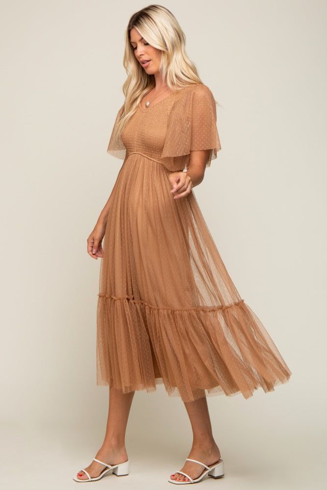 Mocha Dotted Tulle Smocked Midi Dress sold by Pinkblush product image thumbnail 2