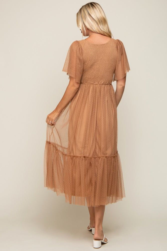 Mocha Dotted Tulle Smocked Midi Dress sold by Pinkblush product image thumbnail 3