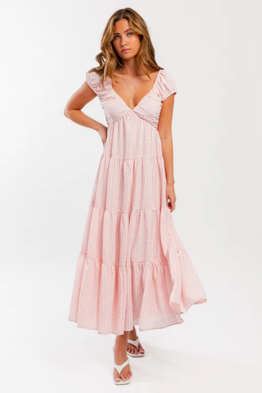 Pink Gingham Sleeveless Tiered Maxi Dress sold by Pinkblush
