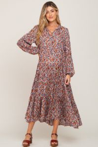 Rust Floral Tiered Long Sleeve Maternity Dress sold by Pinkblush