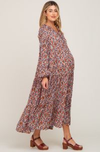 Rust Floral Tiered Long Sleeve Maternity Dress sold by Pinkblush