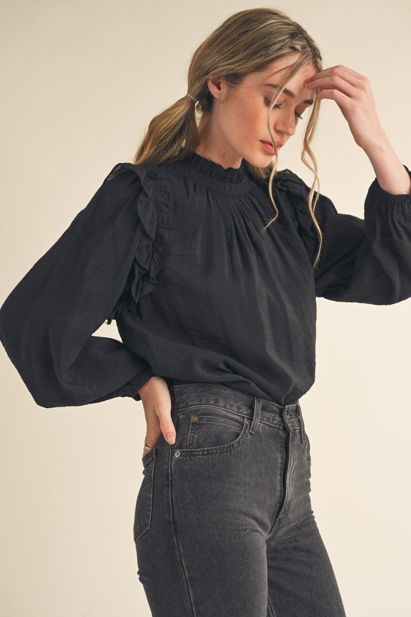 Black Ruffled Balloon Sleeve Top sold by Pinkblush product image thumbnail 2