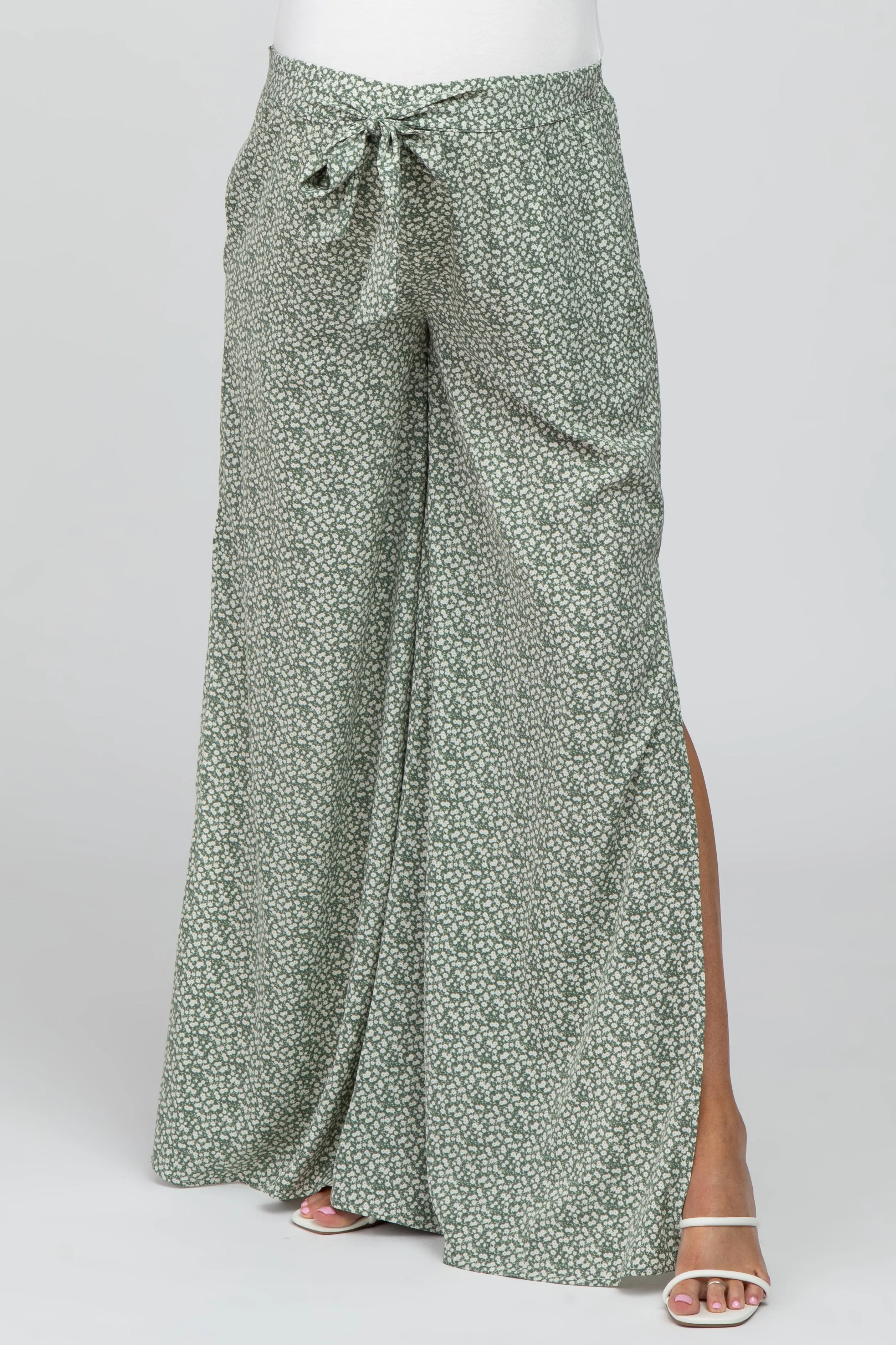 Light Olive Ditsy Floral Side Slit Maternity Pants sold by Pinkblush product image thumbnail 2