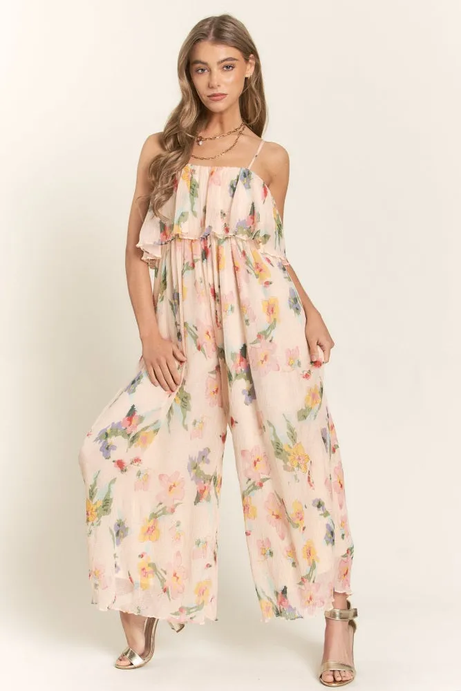 Peach Floral Ruffle Overlay Wide Leg Jumpsuit sold by Pinkblush