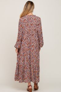 Rust Floral Tiered Long Sleeve Maternity Dress sold by Pinkblush