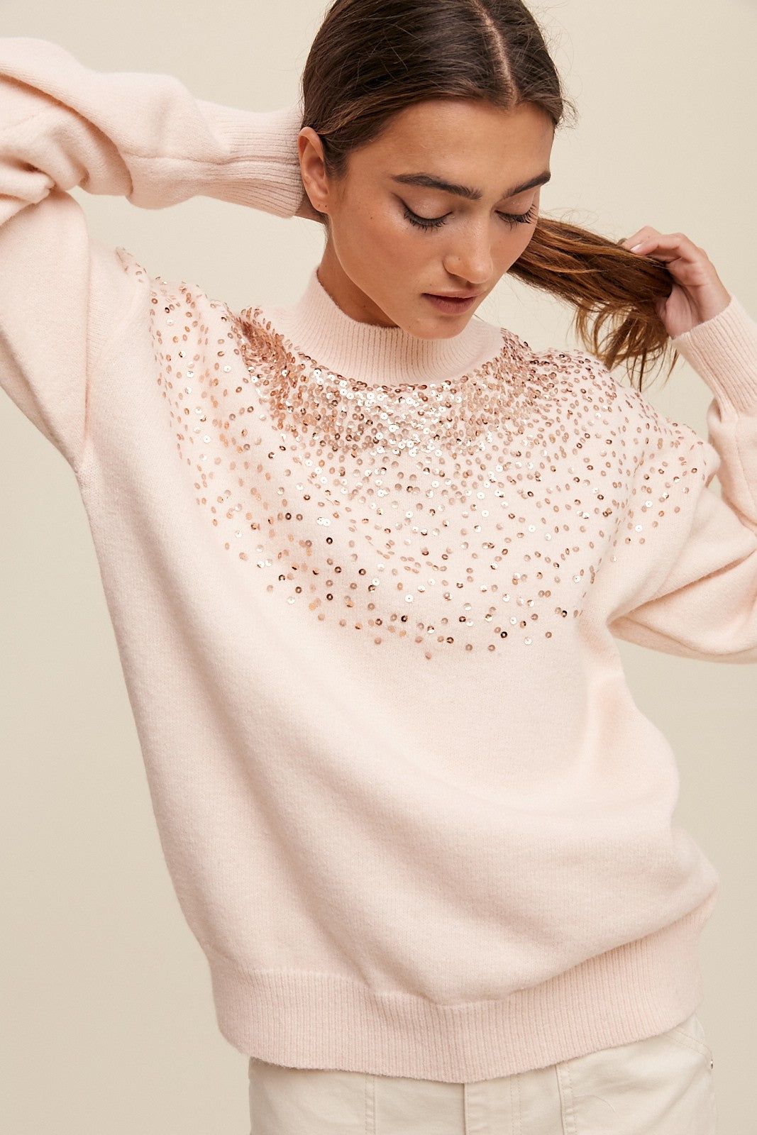 Light Pink Sequin Knit Mock Neck Sweater sold by Pinkblush product image thumbnail 4