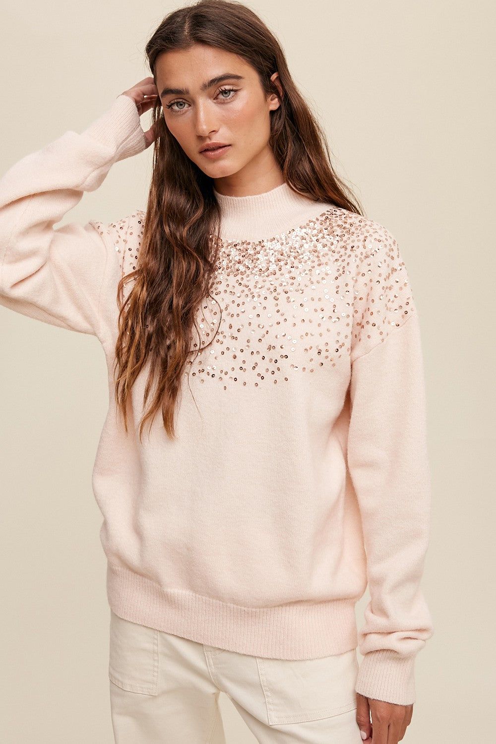 Light Pink Sequin Knit Mock Neck Sweater sold by Pinkblush