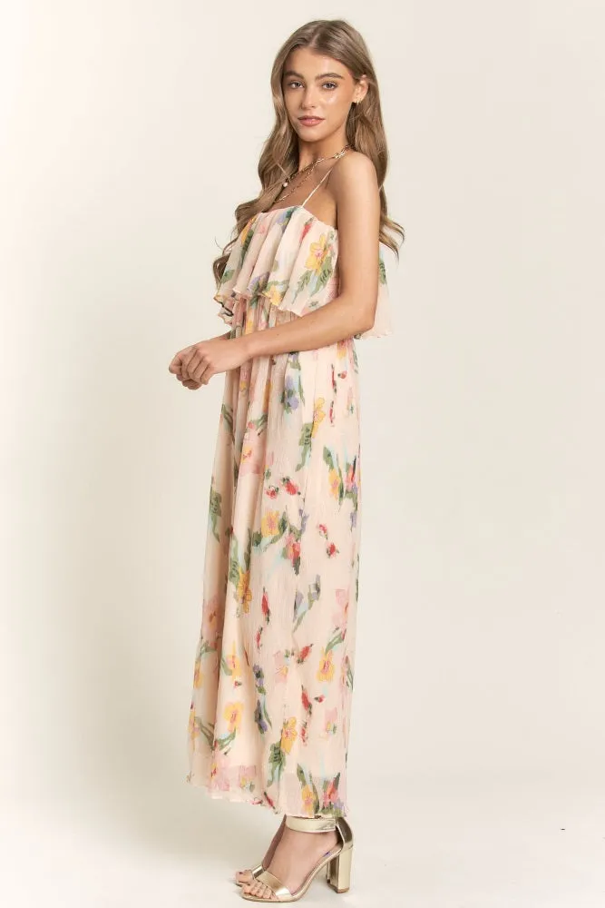 Peach Floral Ruffle Overlay Wide Leg Jumpsuit sold by Pinkblush product image thumbnail 2