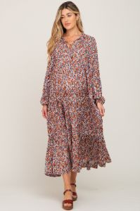 Rust Floral Tiered Long Sleeve Maternity Dress sold by Pinkblush