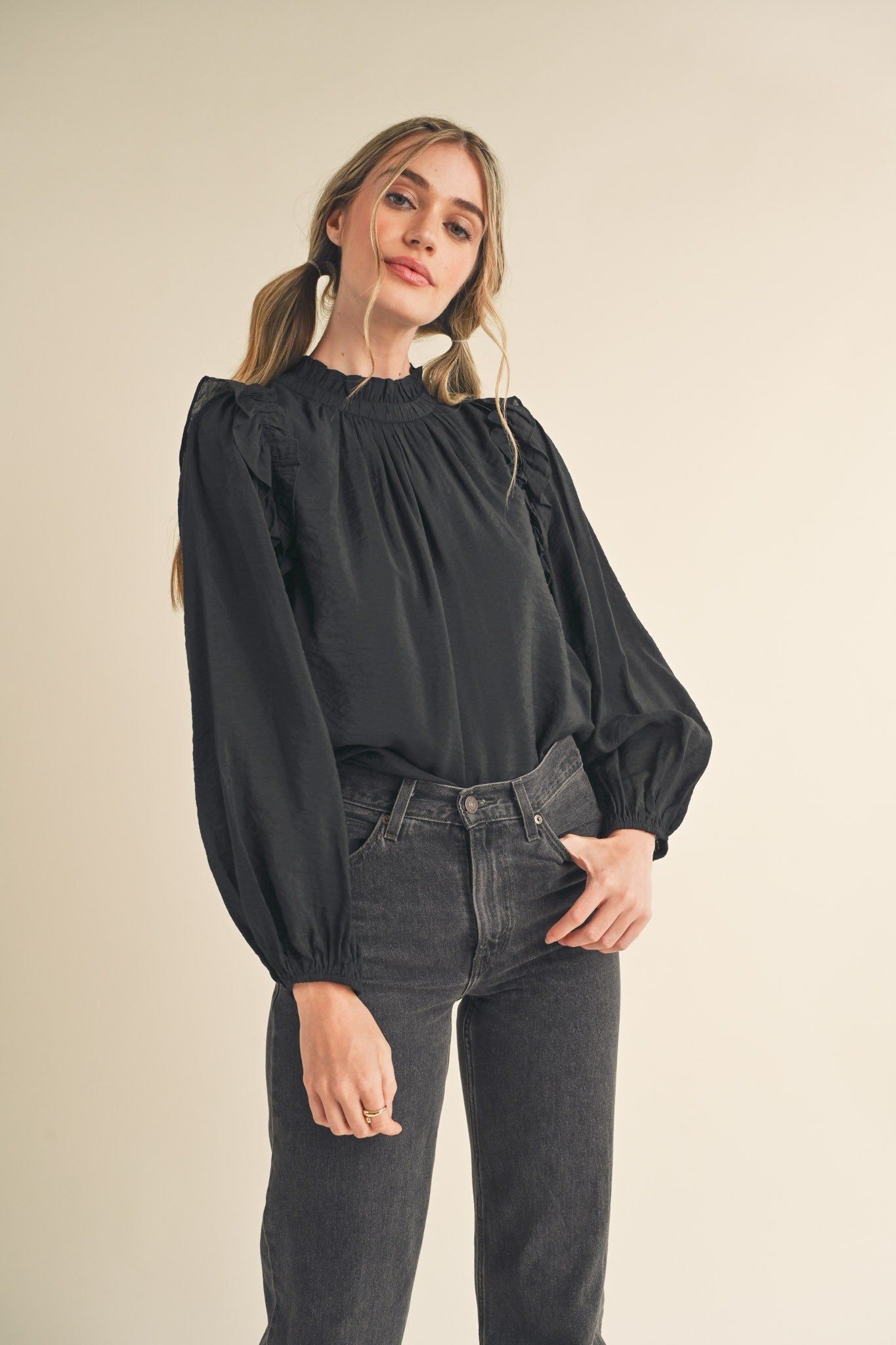 Black Ruffled Balloon Sleeve Top sold by Pinkblush