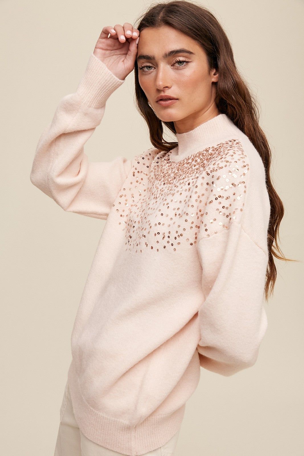 Light Pink Sequin Knit Mock Neck Sweater sold by Pinkblush product image thumbnail 2