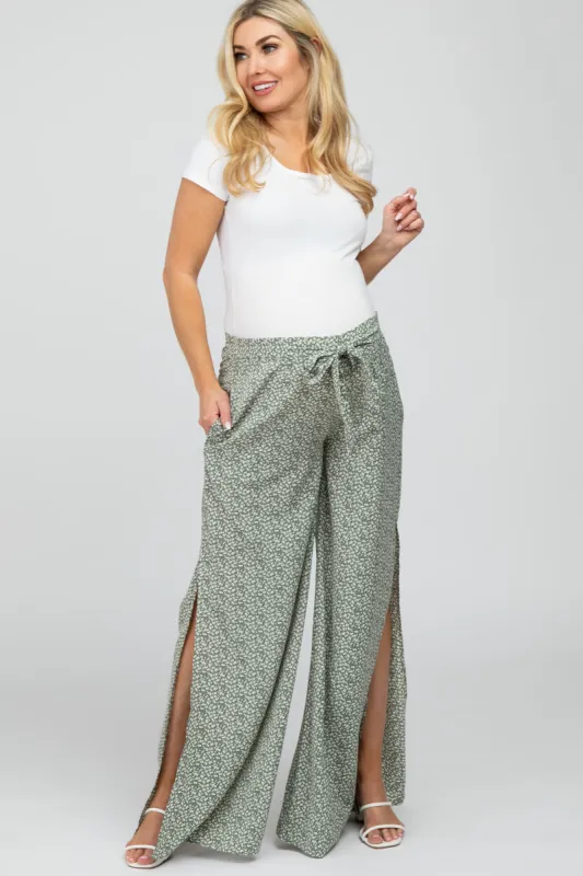 Light Olive Ditsy Floral Side Slit Maternity Pants sold by Pinkblush