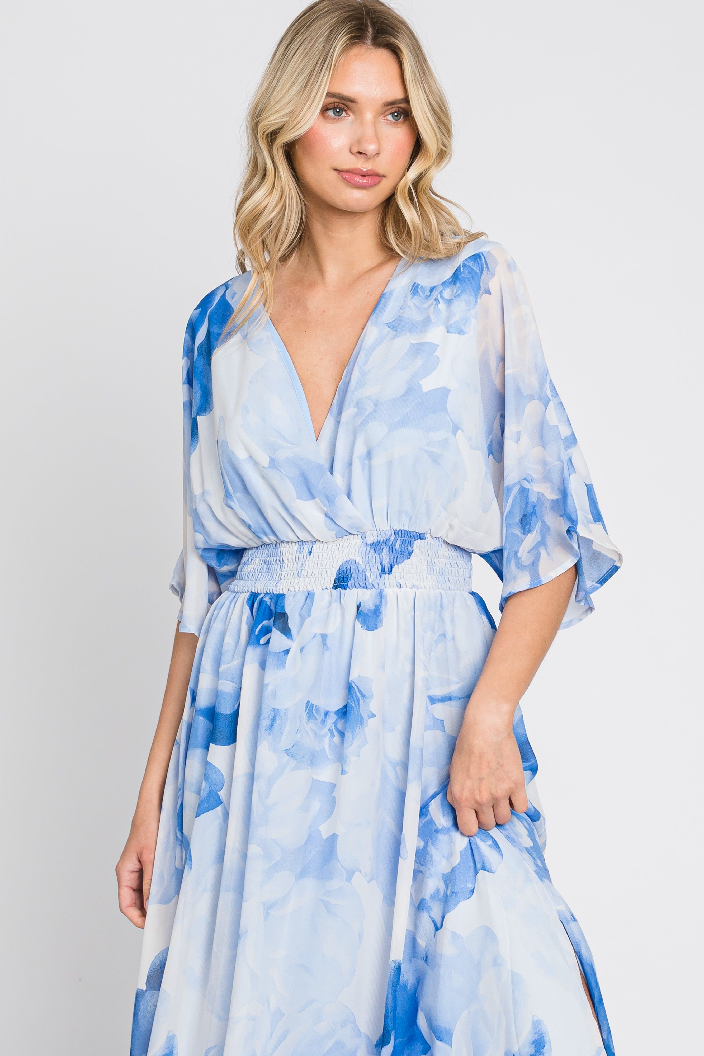 Blue Rose Floral Chiffon Double V-Neck Smocked Waist Front Slit Maxi sold by Pinkblush product image thumbnail 4