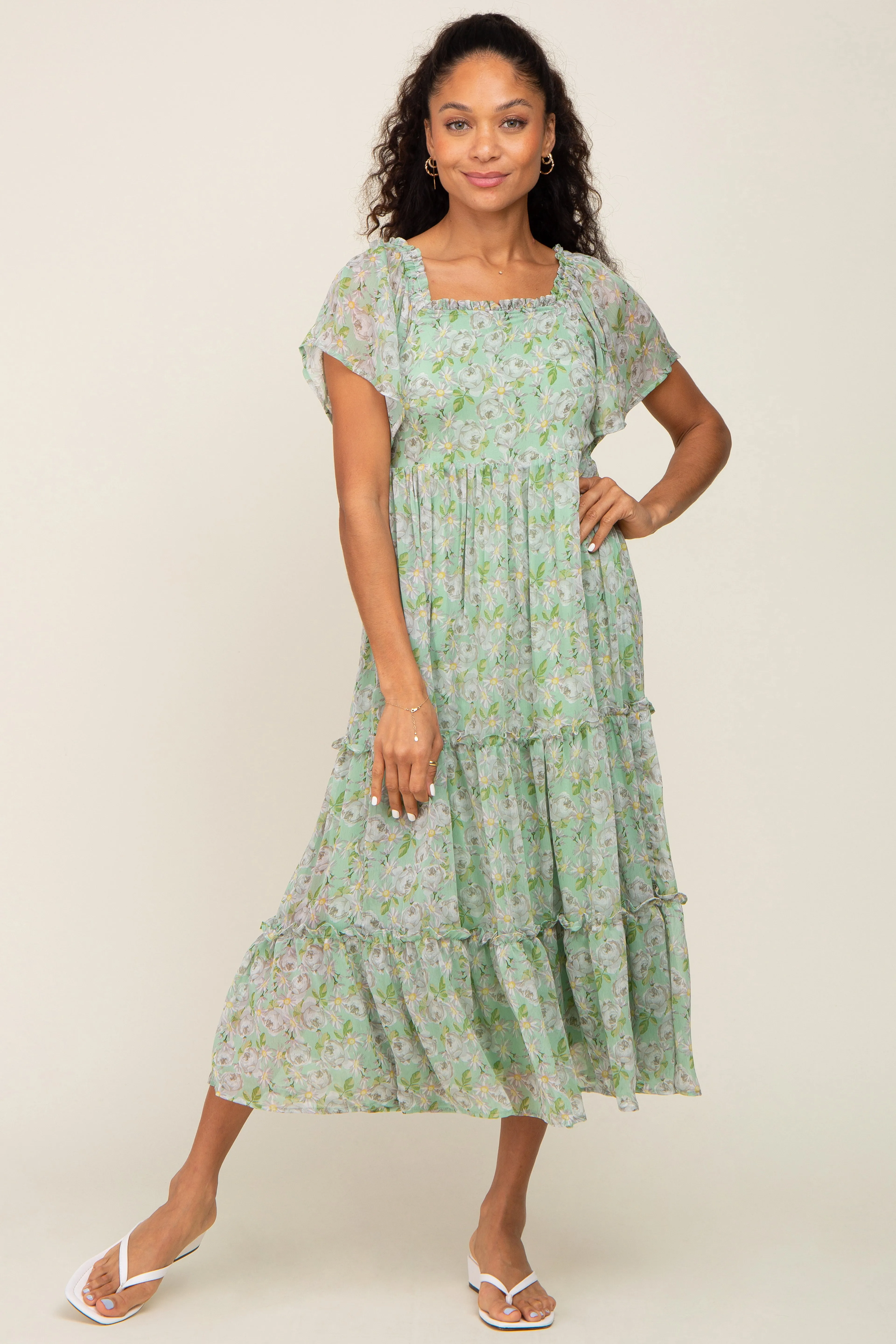 Mint Green Floral Chiffon Tiered Maternity Midi Dress sold by Pinkblush product image thumbnail 5