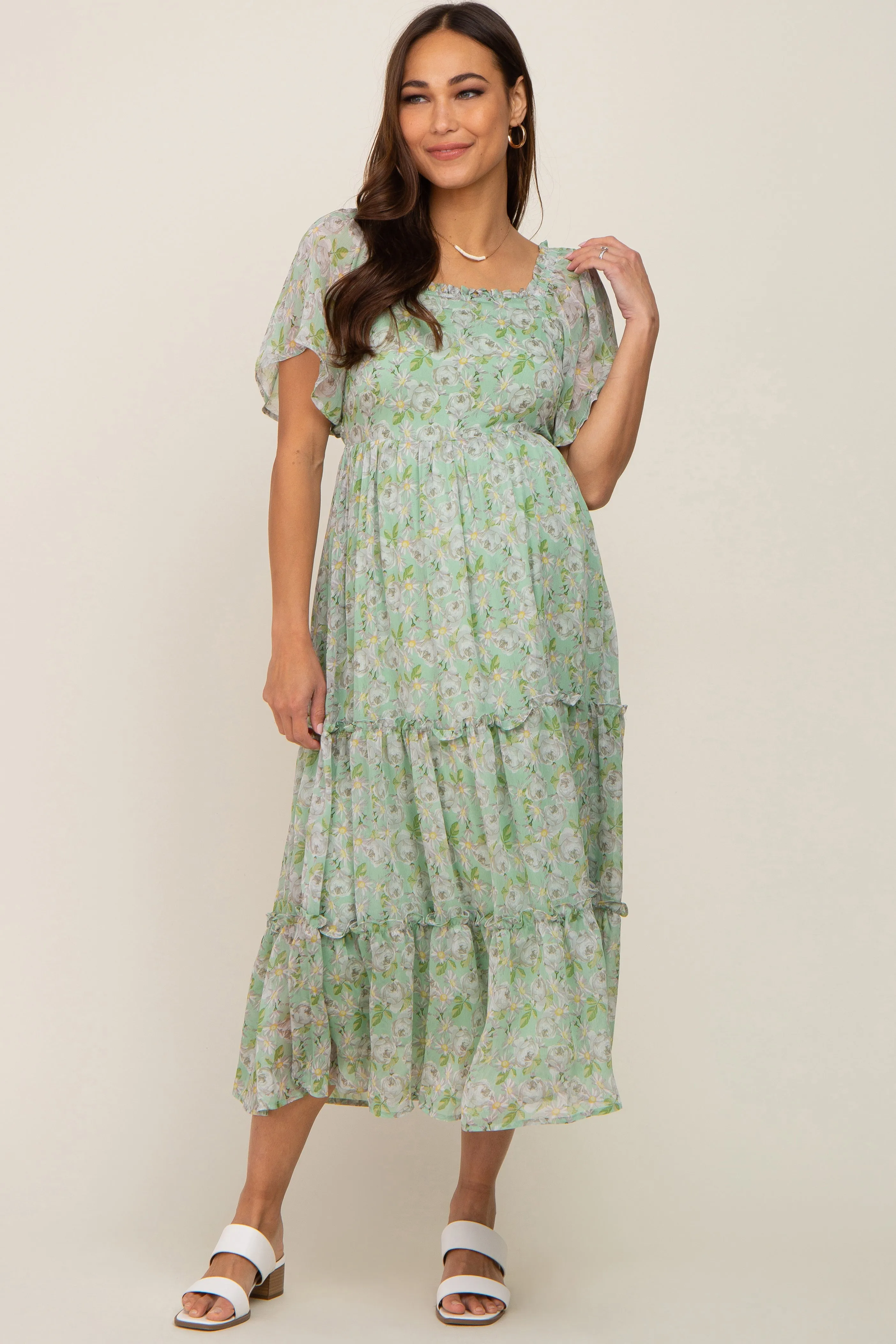 Mint Green Floral Chiffon Tiered Maternity Midi Dress sold by Pinkblush product image thumbnail 2