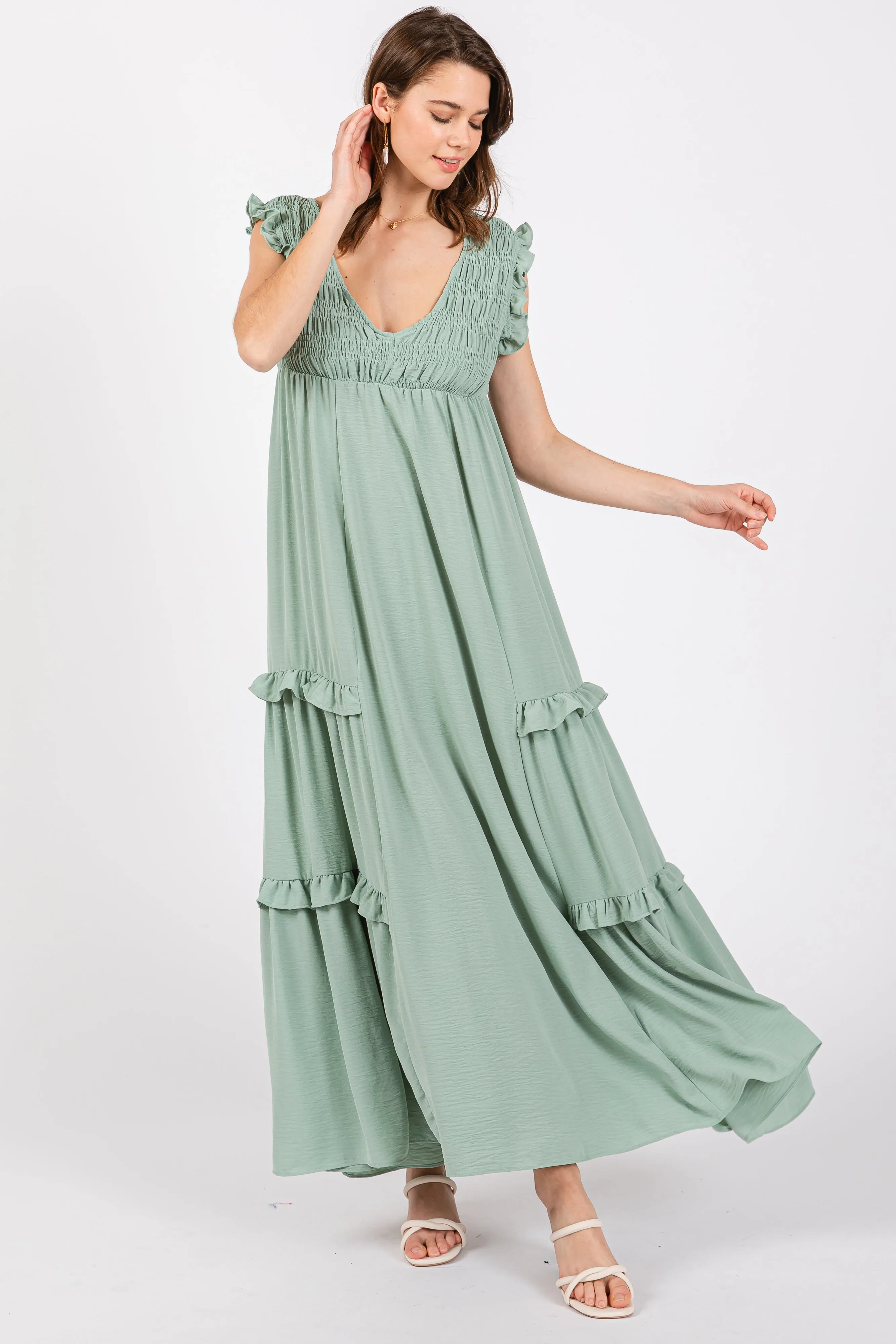 Light Olive Smocked Ruffle V-Neck Maxi Dress sold by Pinkblush