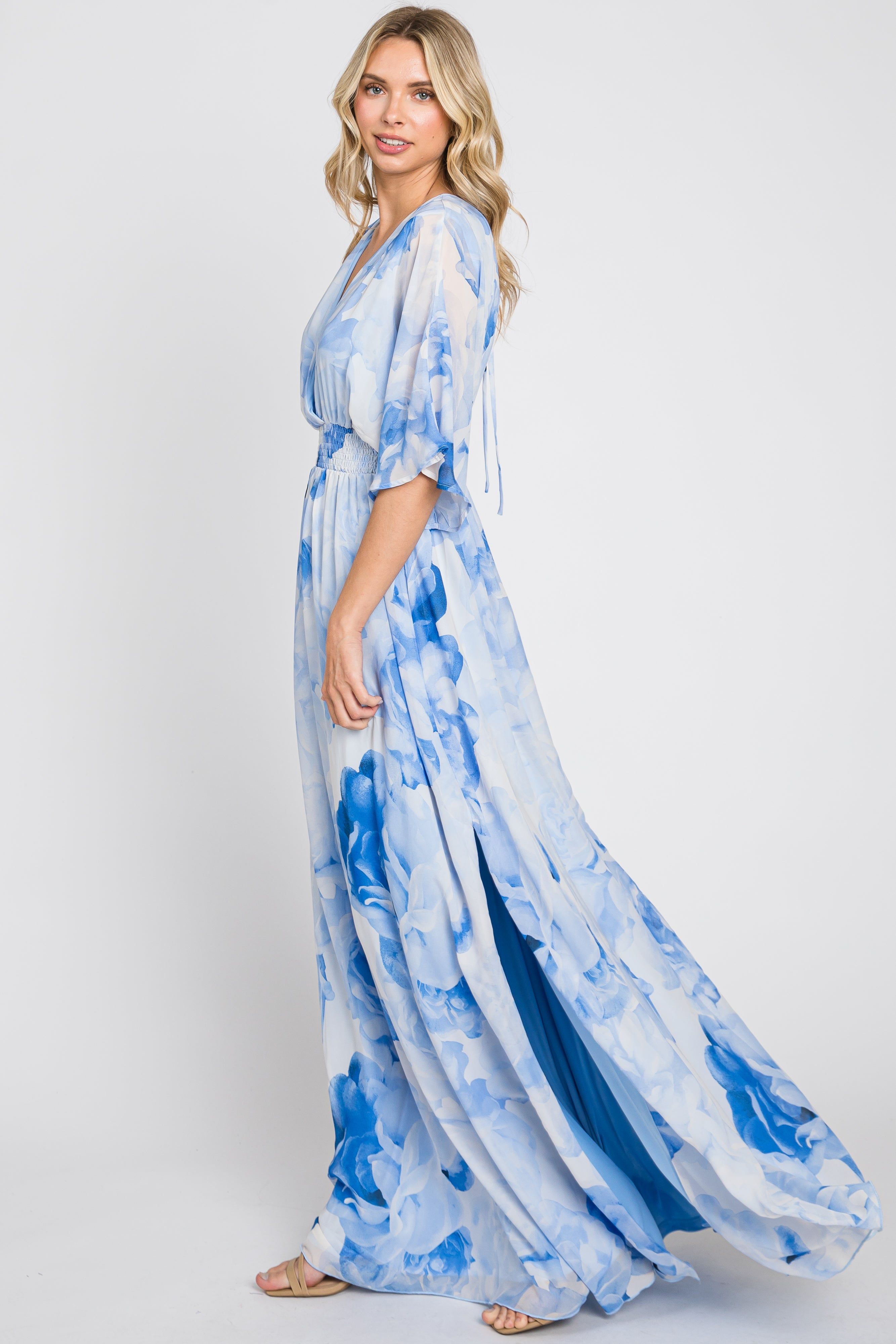 Blue Rose Floral Chiffon Double V-Neck Smocked Waist Front Slit Maxi sold by Pinkblush product image thumbnail 2