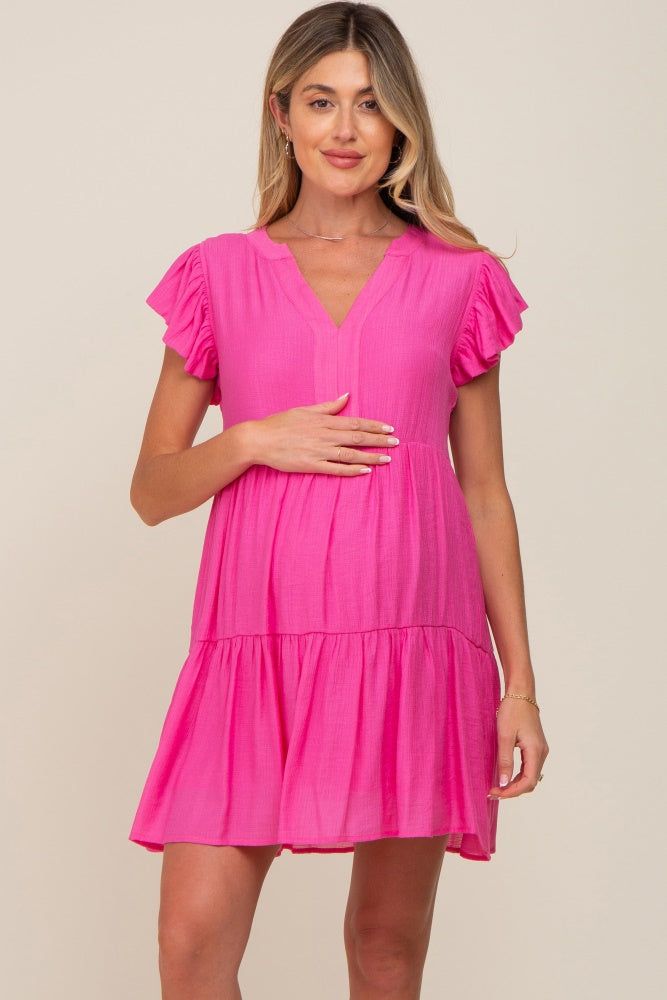 Fuchsia Ruffle Sleeve Tiered Maternity Dress sold by Pinkblush