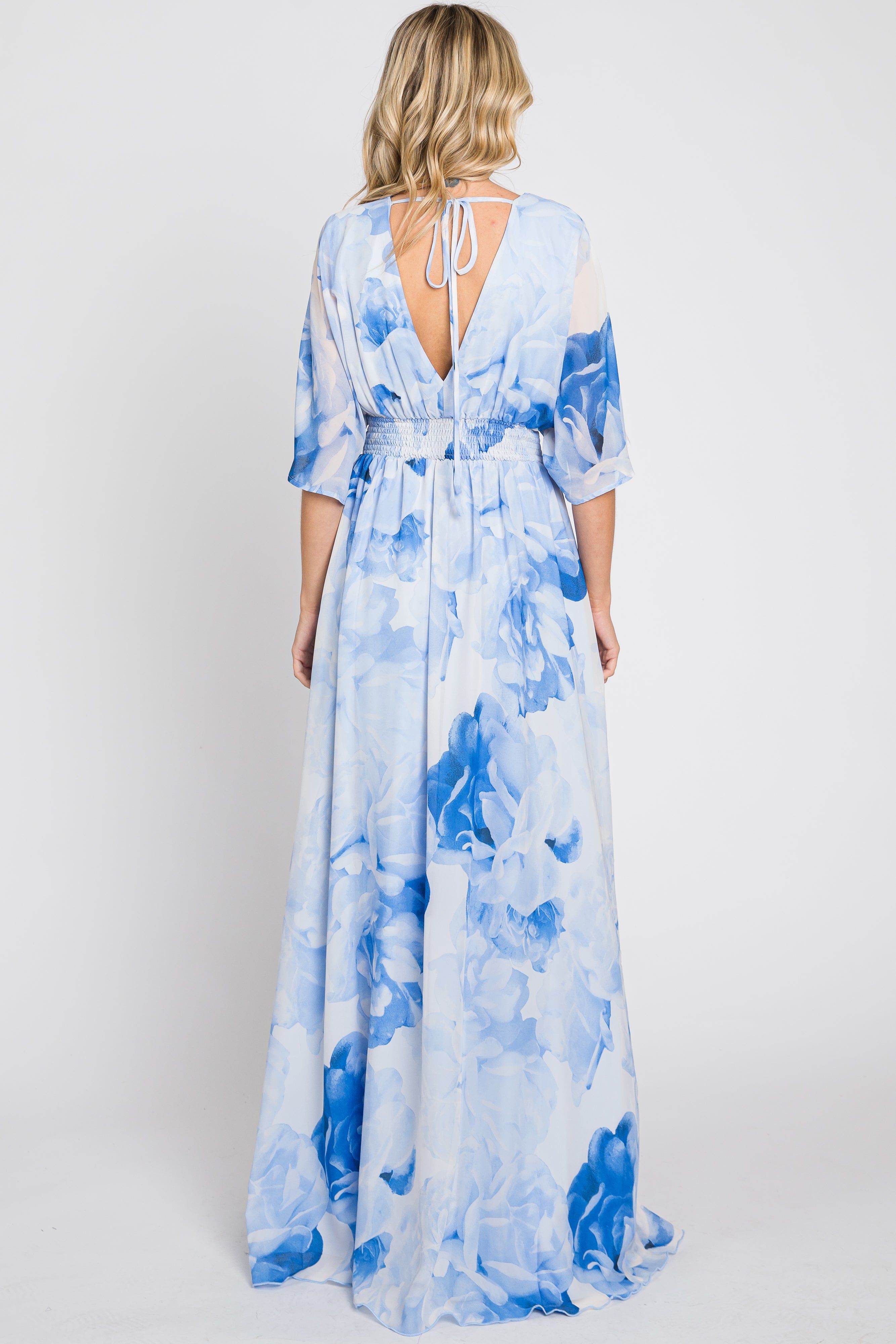 Blue Rose Floral Chiffon Double V-Neck Smocked Waist Front Slit Maxi sold by Pinkblush product image thumbnail 3