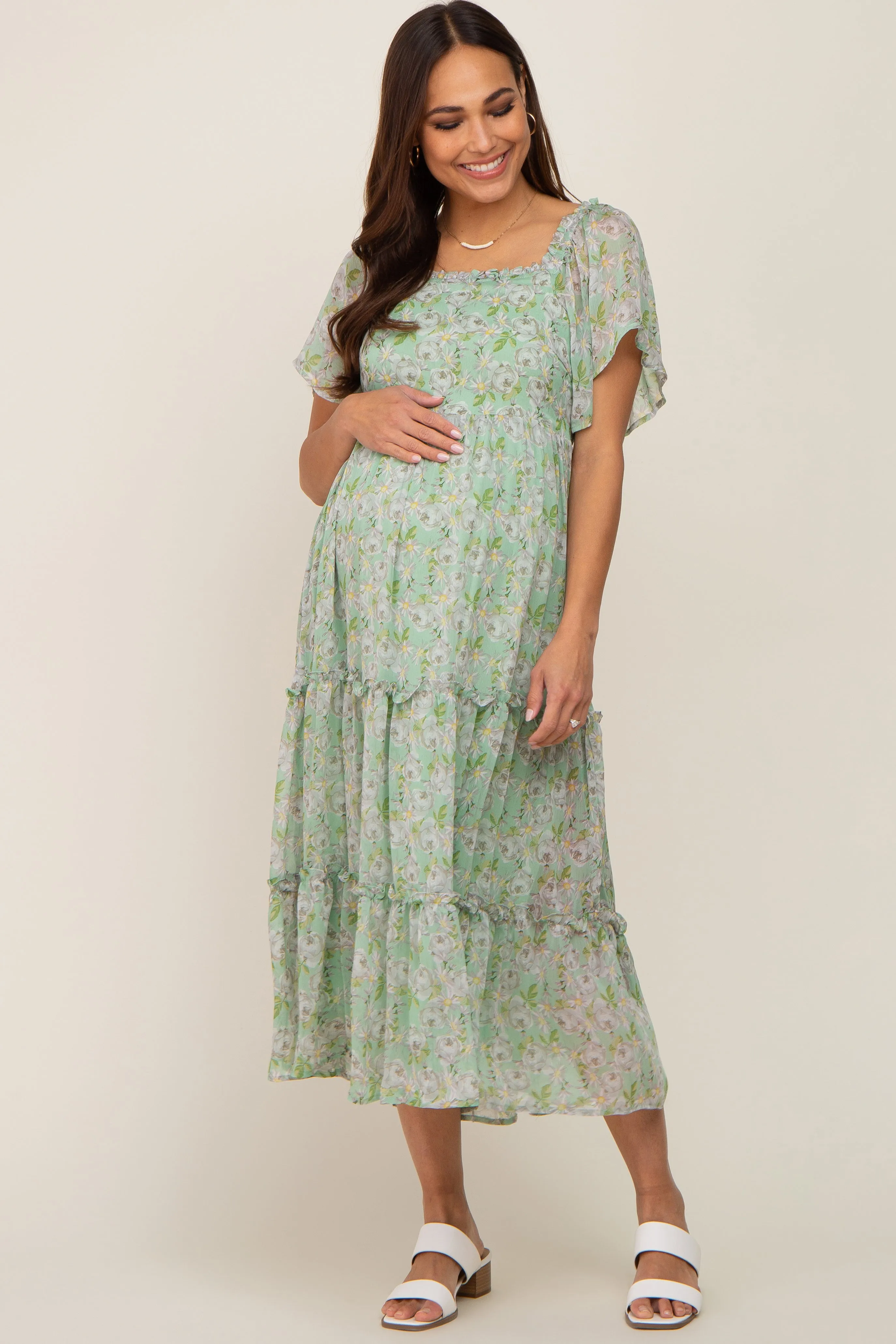 Mint Green Floral Chiffon Tiered Maternity Midi Dress sold by Pinkblush