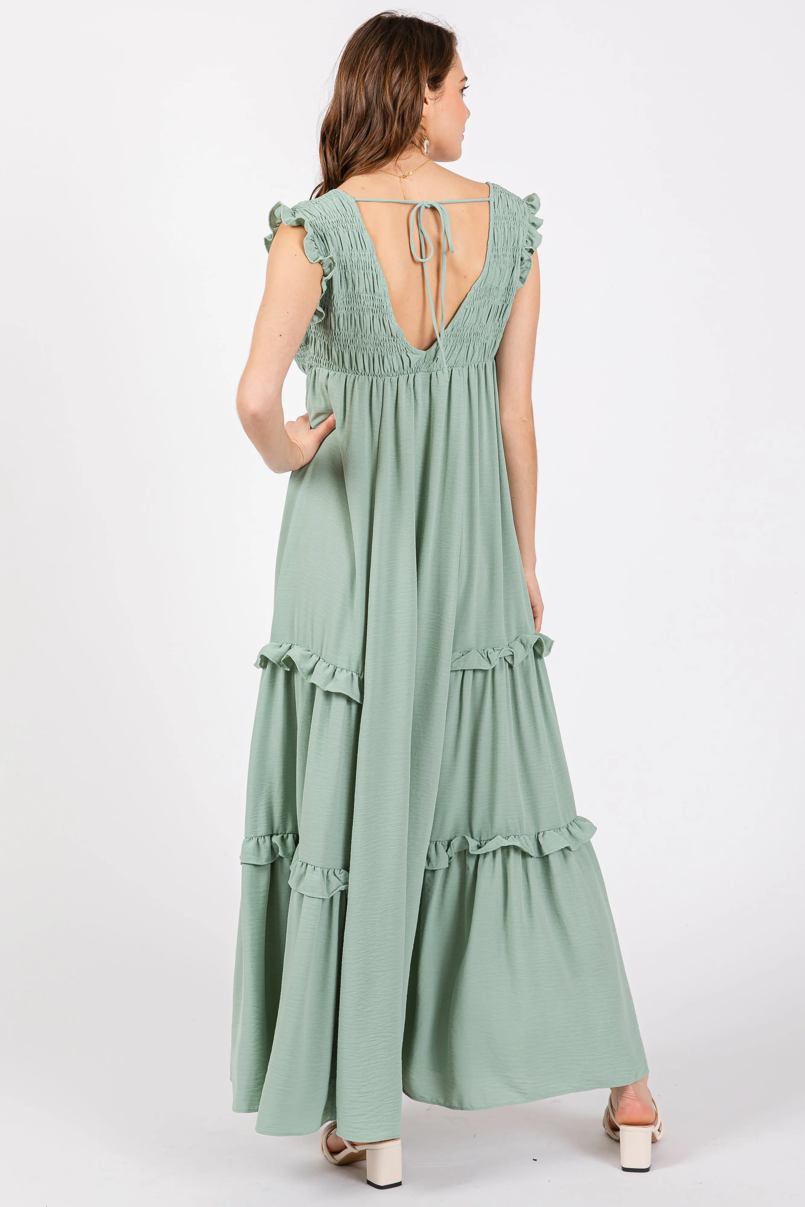 Light Olive Smocked Ruffle V-Neck Maxi Dress sold by Pinkblush product image thumbnail 3