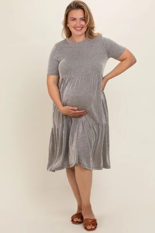 Ivory Black Striped Ribbed Tiered Maternity Plus Dress sold by Pinkblush