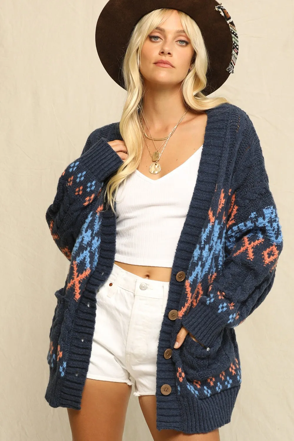 Navy Printed Chunky Cable Knit Cardigan sold by Pinkblush product image thumbnail 2