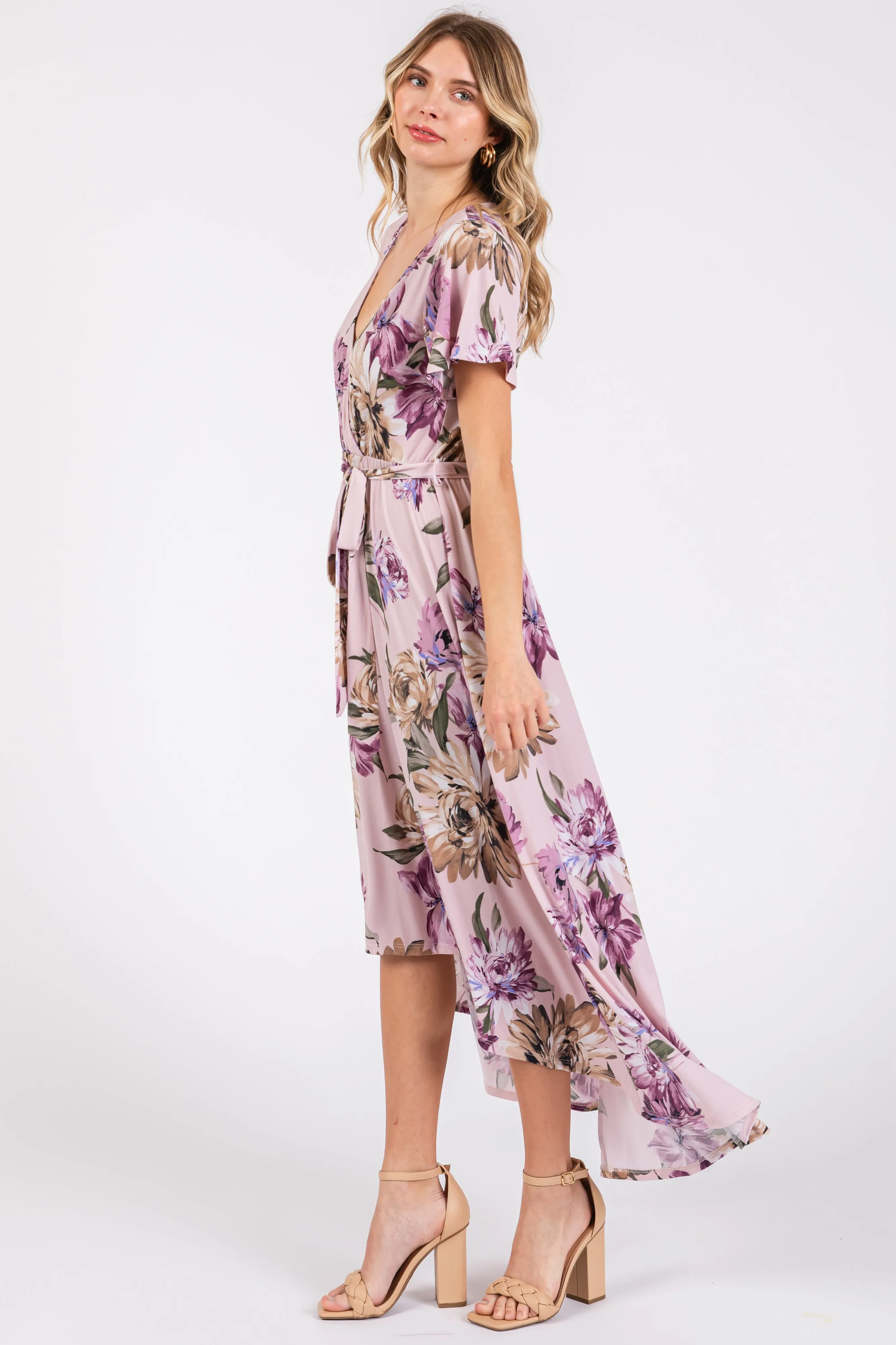 Purple Floral Print Wrap Front V-Neck Hi-Low Midi Dress sold by Pinkblush product image thumbnail 2