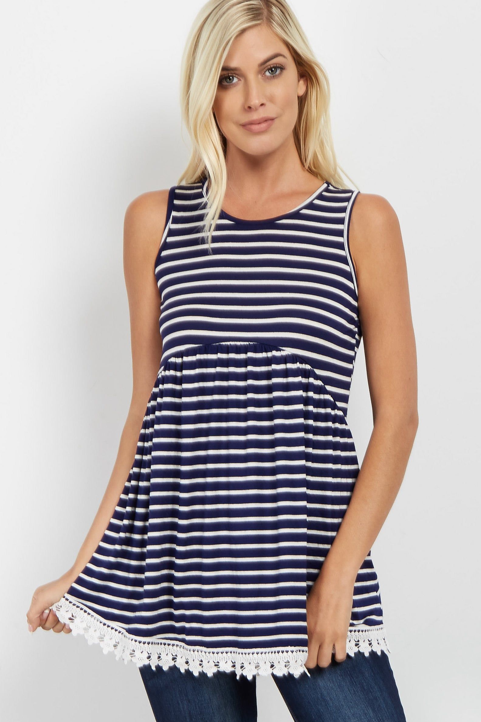 PinkBlush Navy Striped Crochet Trim Tank Top sold by Pinkblush