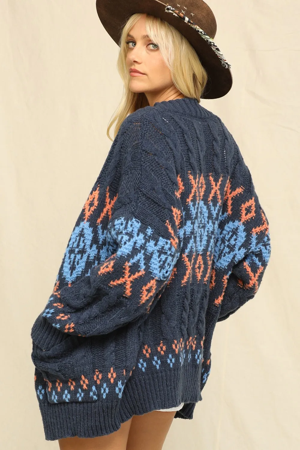 Navy Printed Chunky Cable Knit Cardigan sold by Pinkblush product image thumbnail 3