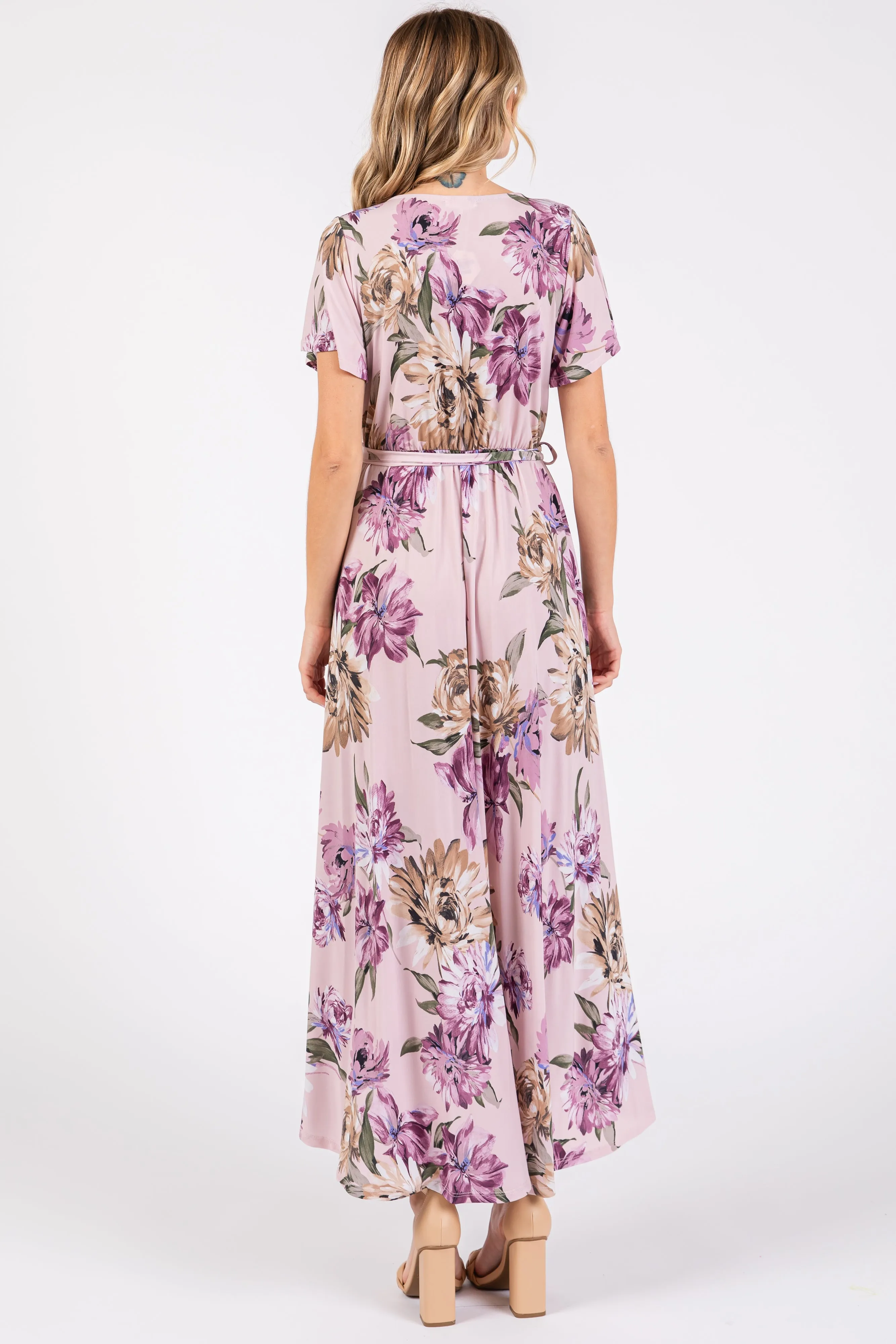 Purple Floral Print Wrap Front V-Neck Hi-Low Midi Dress sold by Pinkblush product image thumbnail 3