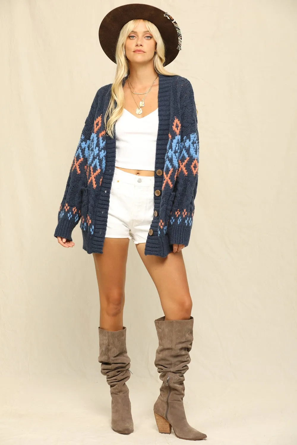 Navy Printed Chunky Cable Knit Cardigan sold by Pinkblush product image thumbnail 4