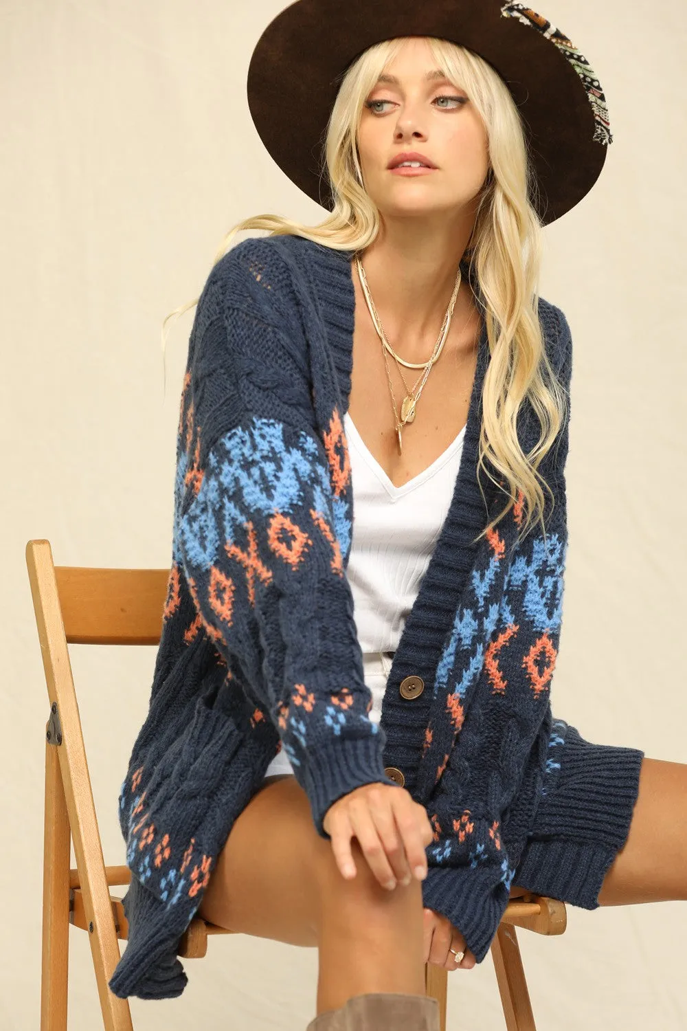 Navy Printed Chunky Cable Knit Cardigan sold by Pinkblush