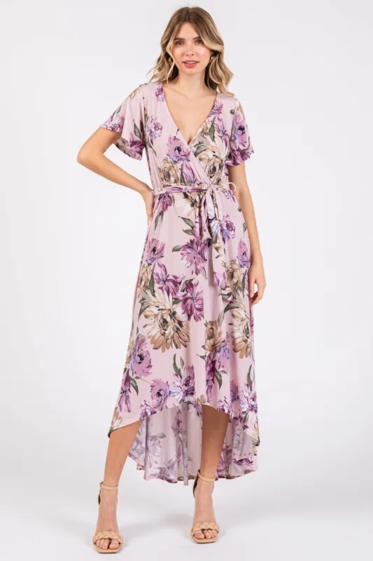Purple Floral Print Wrap Front V-Neck Hi-Low Midi Dress sold by Pinkblush
