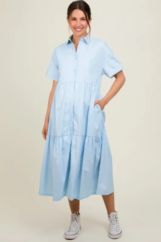 Light Blue Tiered Button Down Maternity Midi Dress sold by Pinkblush