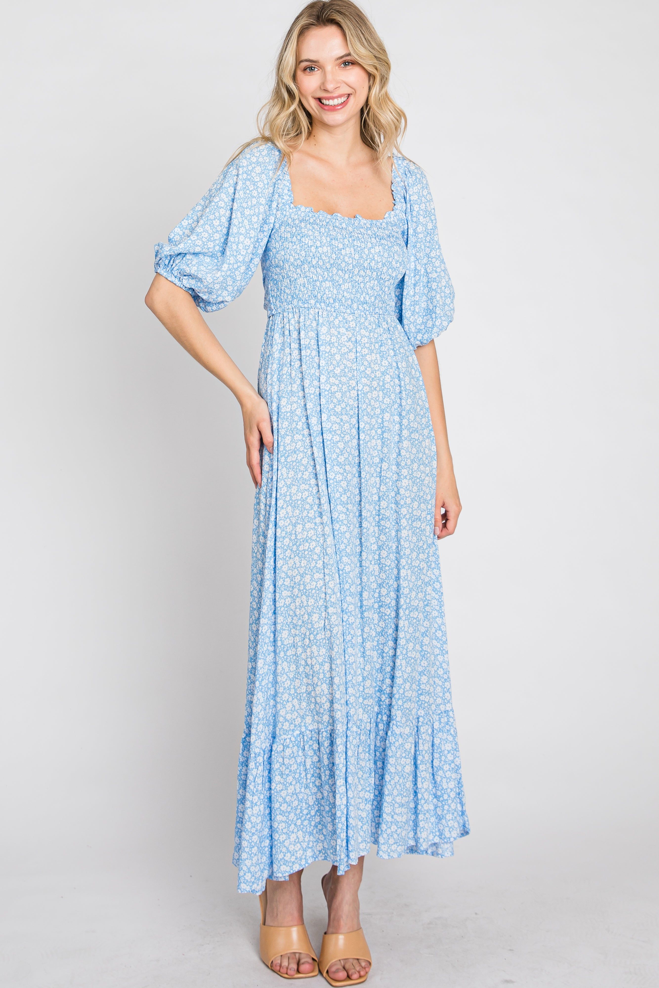 Blue Floral Smocked Maternity Maxi Dress sold by Pinkblush product image thumbnail 5