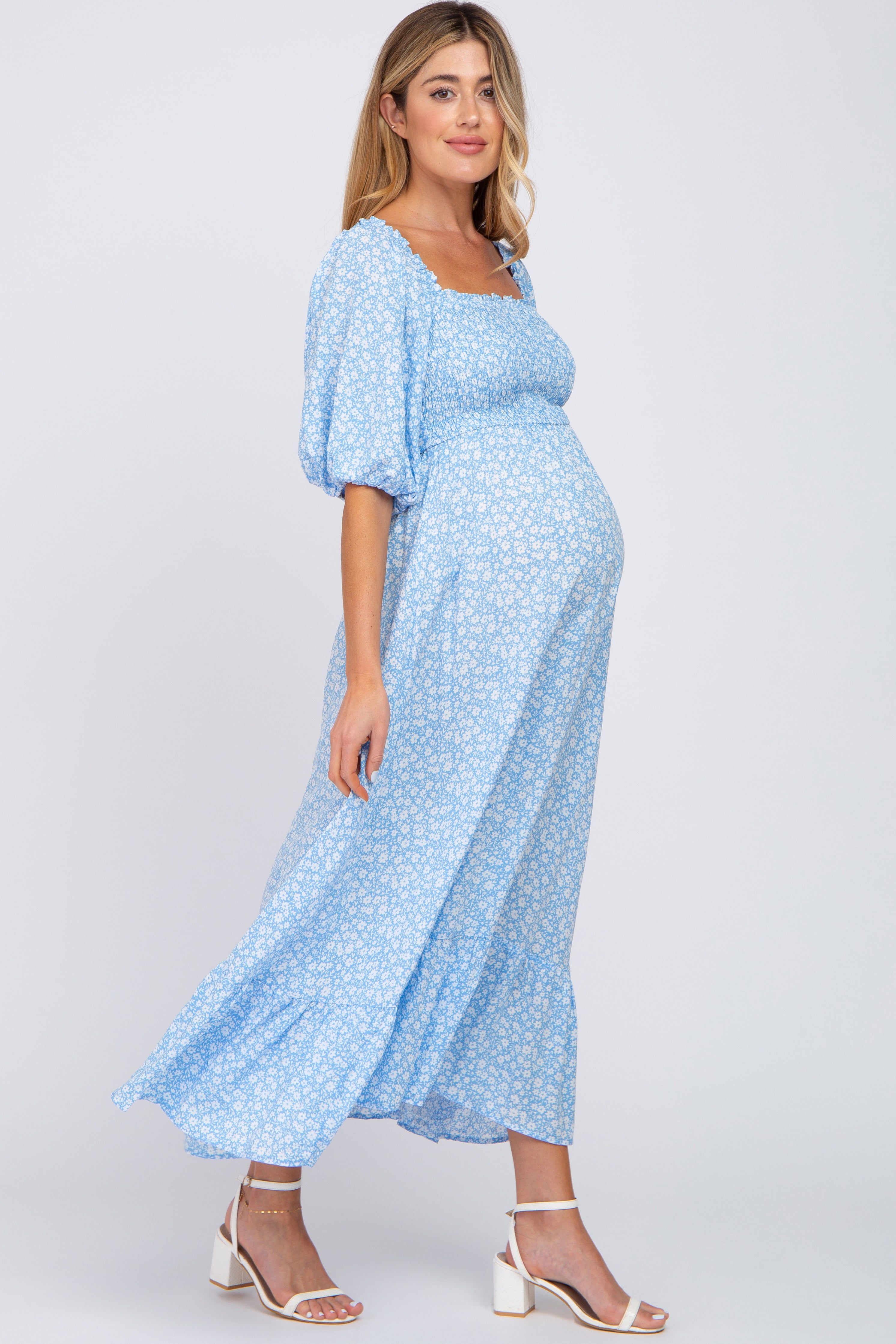 Blue Floral Smocked Maternity Maxi Dress sold by Pinkblush product image thumbnail 2