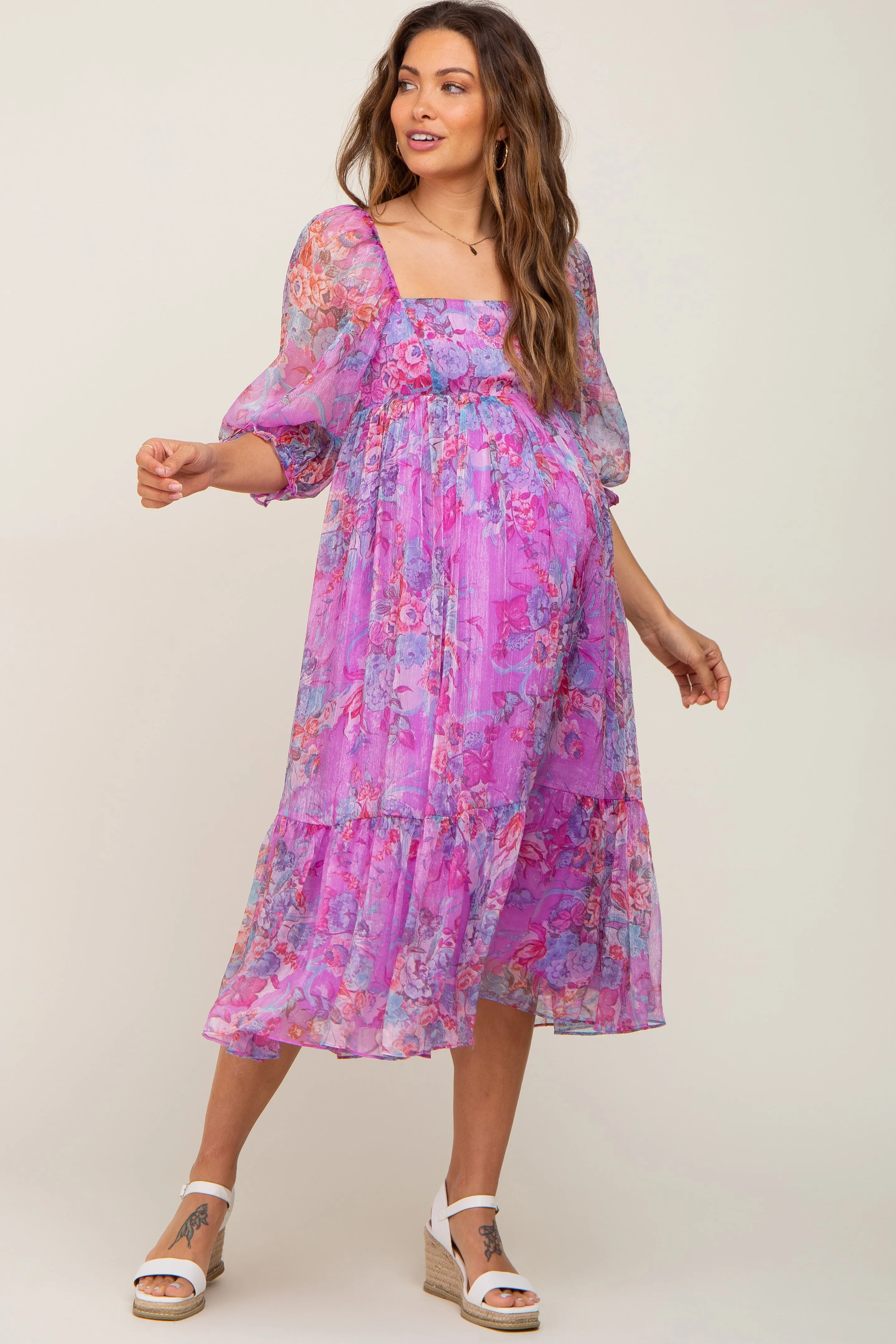 Pink Floral Shimmer Chiffon Maternity Midi Dress sold by Pinkblush product image thumbnail 4