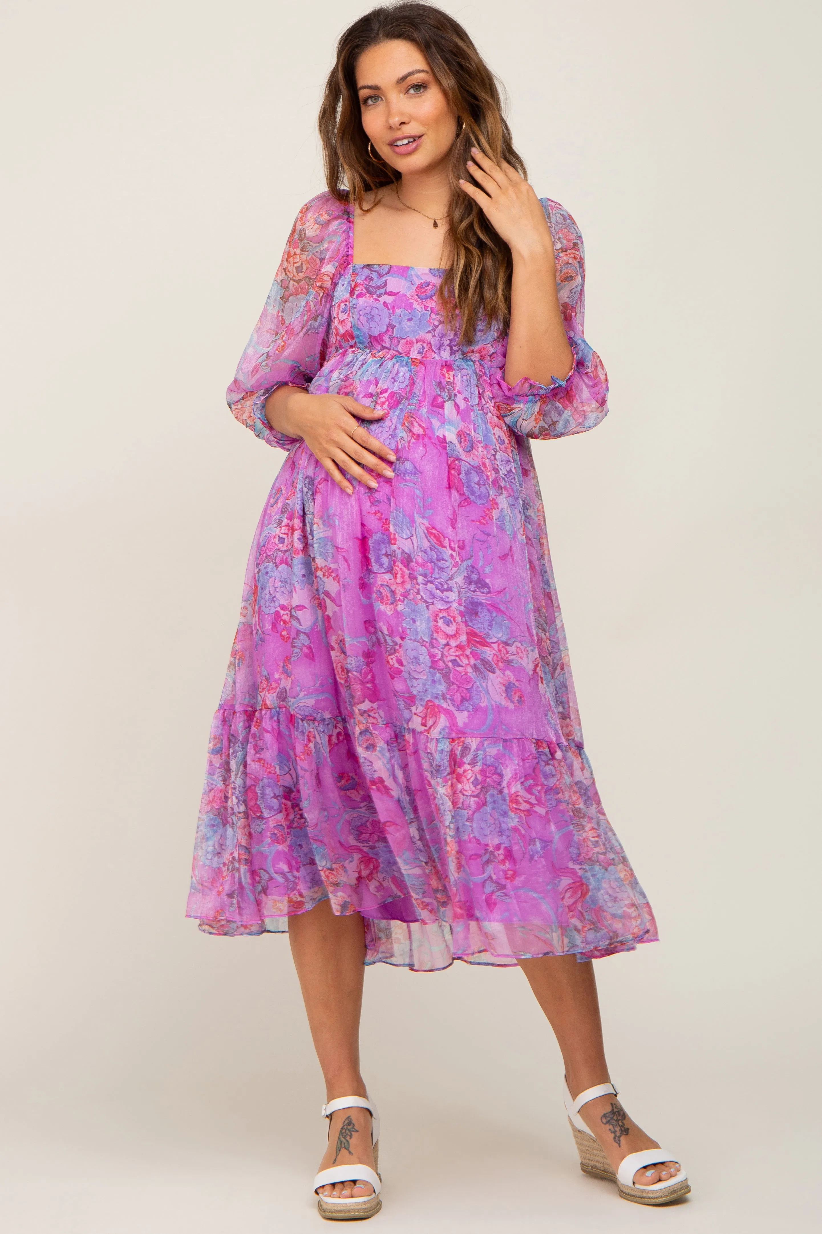 Pink Floral Shimmer Chiffon Maternity Midi Dress sold by Pinkblush